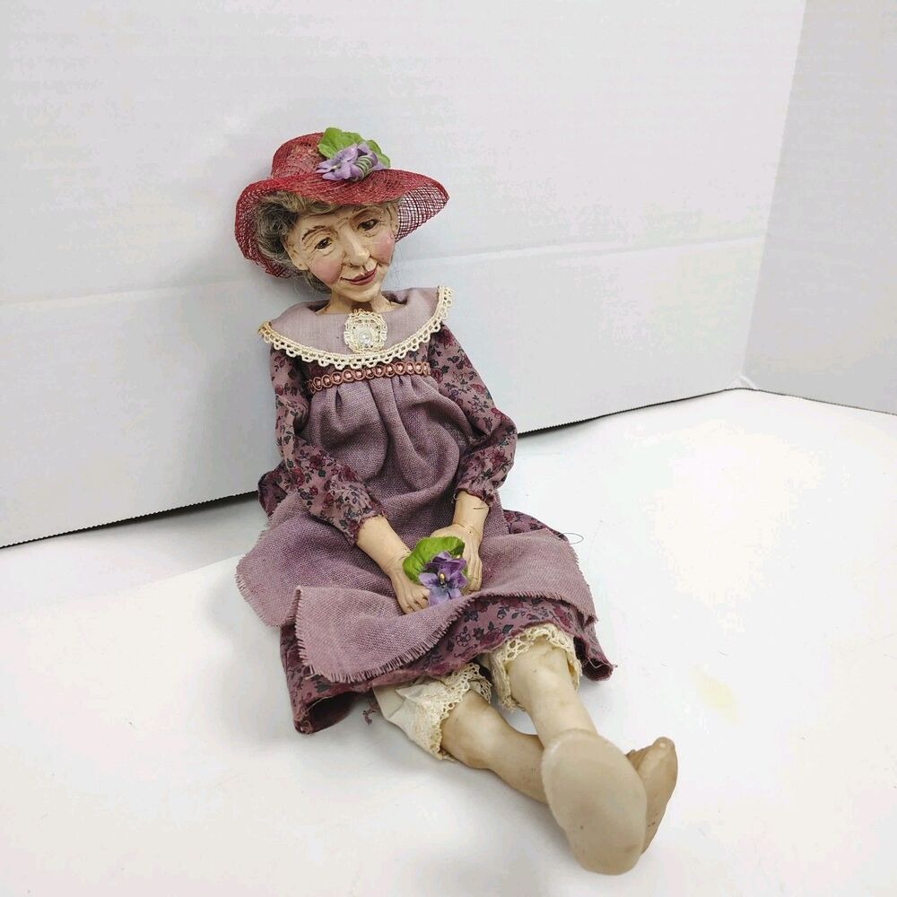 OOAK Dianne Adam Signed Handmade Folk Art Doll – Elder Lady w/ Hat & Flower
